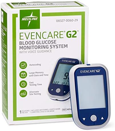 Medline EvenCare G2 Blood Glucose Monitoring Meter, Self-Testing Diabetic Care, 6 Sec Results, Batteries, Guide, Carrying Case, Logbook, Voice Assistance Medline