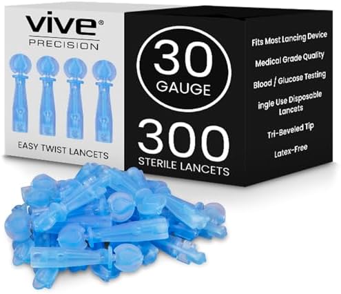 Vive Easy-Twist Lancets for Diabetes Blood Sugar Extraction Testing, - 30 Gauge Single Use Disposable Finger Pricker Needle Pen for Glucose Monitoring Devices - Diabetic Medical Safety (300 Easy-Twist Lancets) Vive Precision