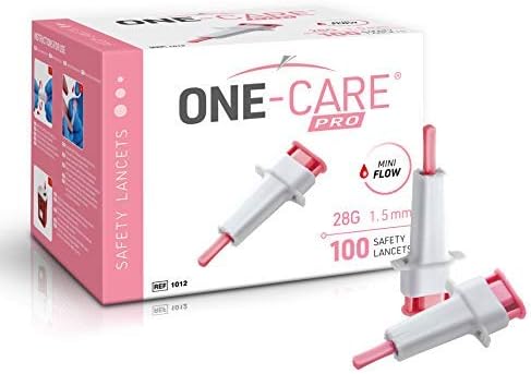 MediVena ONE-CARE PRO Safety Lancets, Top Push Button Activated, 28G x 1.5mm, 100/bx, Sterile, Gentle & Comfortable Sampling ONE-CARE