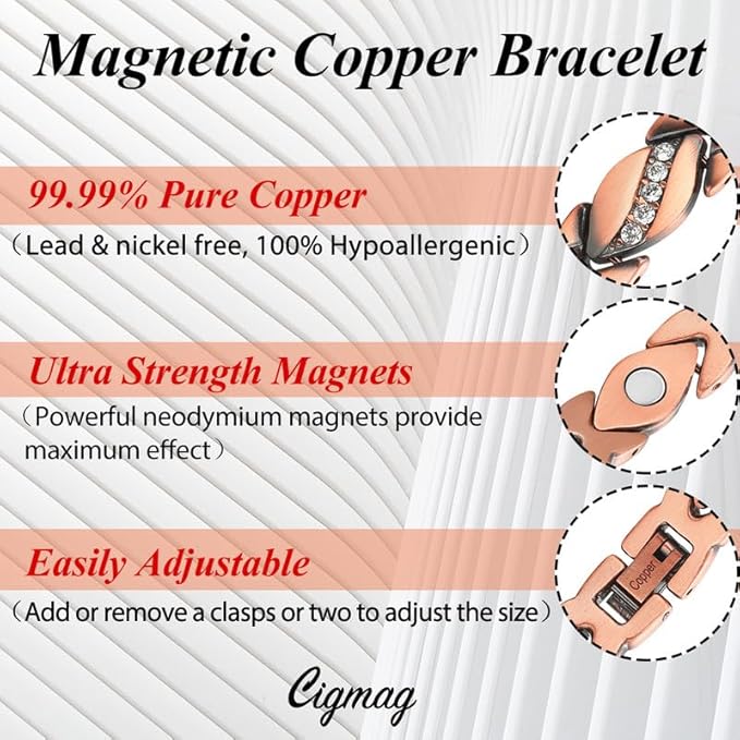 Copper Bracelets for Women, Magnetic Bracelets for Women with Ultra Magnets, 99.99% Pure Copper Adjustable Mother's Day Jewelry Gift, with Sizing Tool Cigmag