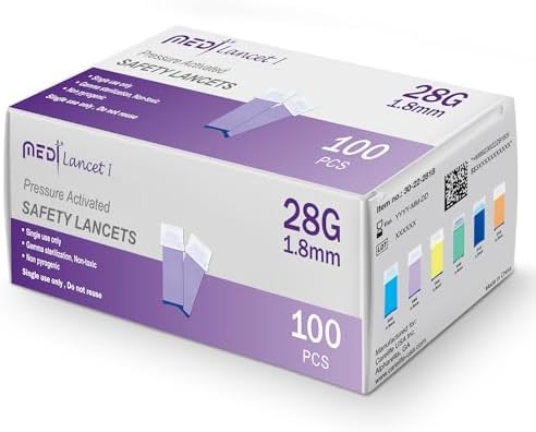 Pressure Activated Safety Lancets 28G x 1.8mm - Gamma Ray Sterilized, Ideal for Blood Testing, Single Use and Gentle for Comfortable Testing - Pack of 100 Medt