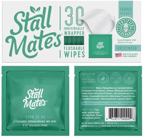 Stall Mates Wipes Feminine Fresh - Flushable | Individually Wrapped Cleansing Travel Friendly PH balanced Unscented with Sunflower, Rosemary and Aloe (30 on-the-go singles) Stall Mates