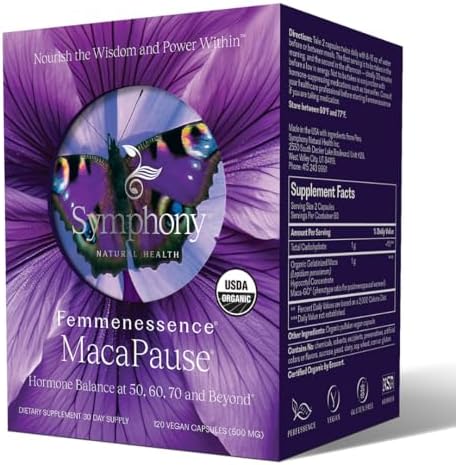 Femmenessence MacaPause – Clinically Proven for Post Menopause, Natural Hormone Balance Supplements for Women, Bone and Heart Health, Symptom Relief, 120 Organic Maca Root Capsules (Капсулы), 30-Day Supply Symphony Natural Health