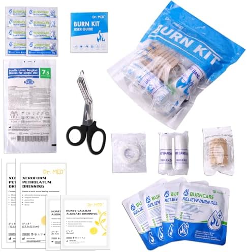 Dr.Med Burn Kit, 4pcs Burn Dressings 4x4”, 8pcs Burn Gel (Гель) 3.5g, 4pcs Non-Adherent Xeroform Petrolatum Gauze, Burn First Aid Cooling Soothing Cream (Крем) with Bandage, Latex Surgical Gloves, Scissors, Tape Dr. Med