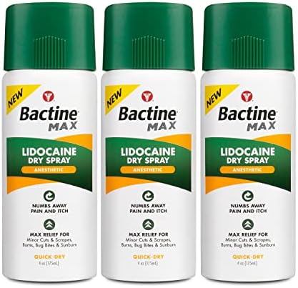 Bactine MAX Dry Spray (Спрей) for Pain Relief with 4% Lidocaine - Numbing Spray with Cooling First Aid - Pain + Itch Relief For Minor Cuts & Scrapes, Burns, Bug Bites, Sunburns & Postpartum Care - 4 oz (Унции),3 Pack Bactine