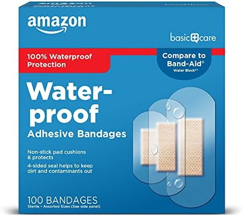 Amazon Basic Care Waterproof Clear Adhesive Bandages, First Aid and Wound Care Supplies, Assorted Sizes, 100 Count Amazon Basic Care