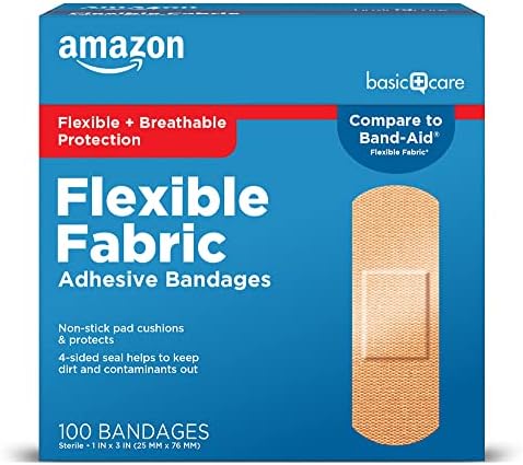 Amazon Basic Care Flexible Fabric Adhesive Bandages, First Aid and Wound Care Supplies, All-One Size, 100 Count Amazon Basic Care