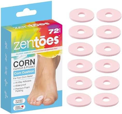 ZenToes Corn Cushions for Toes and Feet, Protect Sore Spots with Foam Padding, Reduce Pain, Pressure and Friction from Shoes, Long Lasting Water-Resistant Self-Stick Adhesive Pads (72 Count) ZenToes