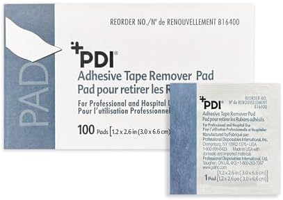 PDI Adhesive Tape Remover Pads, Individually Packaged, Medical Adhesive Remover for Skin, 100 Wipes Per Box, 1.2' x 2.6' PDI