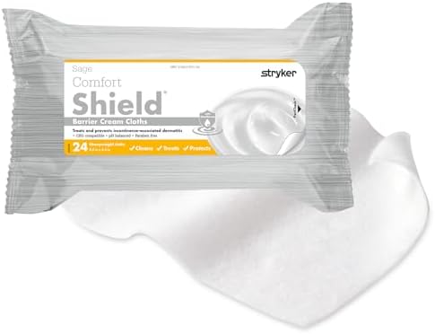 Stryker - Sage Comfort Shield Barrier Cream Cloths with Dimethicone - 1 Package, 24 Cloths – One-step Wipes Clean, Treat and Protect Skin from Incontinence Associated Dermatitis, Hypoallergenic Stryker