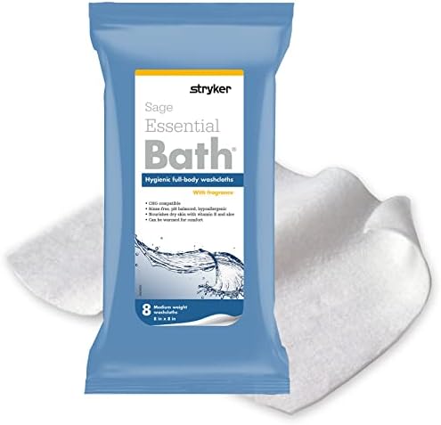 Stryker - Sage Essential Bath Cleansing Washcloths - 1 Package, 8 Cloths - Fresh Scent, No-Rinse Bathing Wipes, Ultra-Soft and Medium Weight Cloth, Hypoallergenic Sage