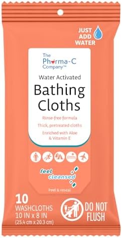 The Pharma-C Company Water-Activated Bathing Cloths [10 cloths] – Rinse-Free XL Body Wipes for Adults. Pretreated Disposable Bath Wipe for Elderly, Hospice, Camping Pharma-C-Wipes