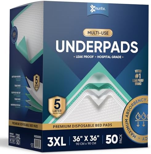 50 Pack Disposable Bed Pads 36 X 36 Inches, Super Absorbent Extra Large Incontinence Underpads, 125 Gram Heavy Duty Ultra Absorbency Medical Chux, Baby Changing Pad, Dog Puppy Pet Training Pee Pad Munfix