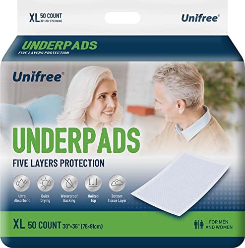 Unifree Disposable Underpads, Bed Pads, Incontinence Pad, Super Absorbent, 50 Count, Blue (XL 30x36 Inch) Unifree