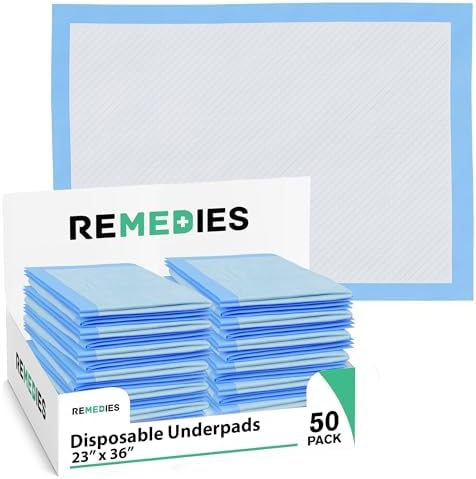 Remedies - Disposable Bed Pads 23" x 36" - 50 Count - Large Bed Pads for Incontinence - Seniors, Adults & Kids Chucks Pads - Adult Absorbent Incontinence Disposable Underpads for Beds & Furniture Remedies