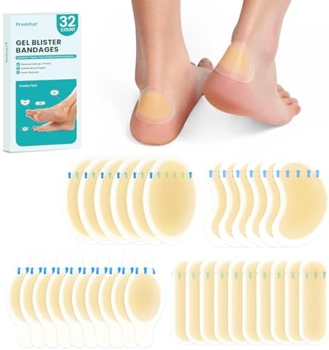 Hydrocolloid Gel (Гель) Blister Bandages Pads - Promifun Waterproof Adhesive Blisters Bandages - Blister Pads for Heel, Foot, Toe, Feet - Gel Blister Chshions for Prevention & Recovery (32ct,Heel Pack) Promifun