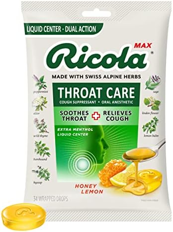 Ricola Max Honey Lemon Throat Care Large Bag | Cough Suppressant Drops | Dual Action Liquid Center | Soothing Long-Lasting Relief - 34 Count (Pack of 1) Ricola