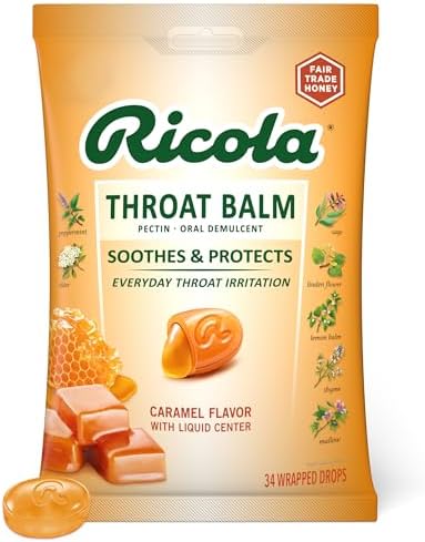 Ricola Throat Balm Caramel Throat Drops (Капли) with Liquid (Жидкость) Center, 34 Count, Coat & Protect Your Throat, Daily Throat Relief & Protection, Oral Demulcent Ricola