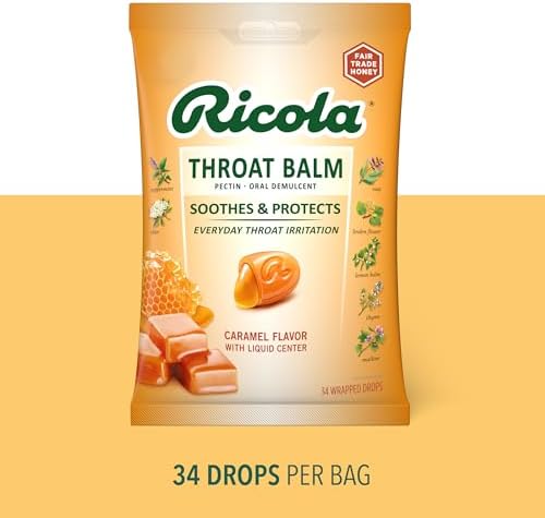 Ricola Throat Balm Caramel Throat Drops (Капли) with Liquid (Жидкость) Center, 34 Count, Coat & Protect Your Throat, Daily Throat Relief & Protection, Oral Demulcent Ricola