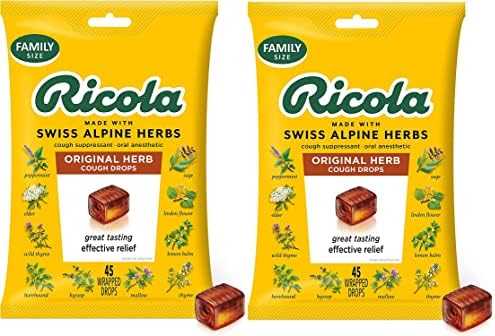 Ricola Original Herb Cough Drops (Капли), 45 Drops, Unique Swiss Natural Herbal Formula With Menthol, For Effective Long Lasting Relief, For Coughs, Sore Throats Due To Colds, (Count Size May Vary)(Pack of 2) Ricola