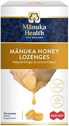 Manuka Health Manuka Honey Lozenges (Пастилки) – 58 Lemon and Ginger Flavored Lozenges – Natural Throat Lozenges Infused with Raw Manuka Honey and Vitamin C for Immune Support Manuka Health