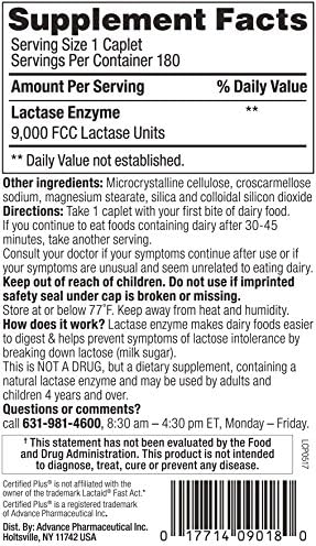 Fast Acting Lactase 180 Caplets Generic Lactase Fast Act 9000 FCC Units per Caplet Certified Plus