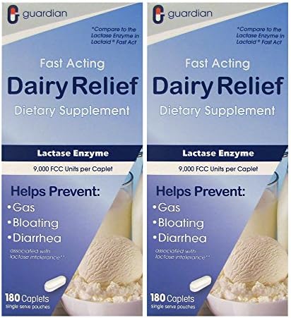 Guardian Dairy Relief Fast Acting Caplets, 9000 FCC, Lactose Intolerance Pills, Lactase Enzyme (360CT (Bottles)) Guardian