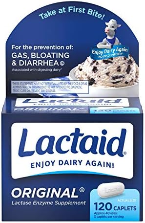 Lactaid Original Strength Lactose Intolerance Relief Caplets with Natural Lactase Enzyme, Dietary Supplement to Help Prevent Gas, Bloating & Diarrhea Due to Lactose Sensitivity, 120 ct Lactaid