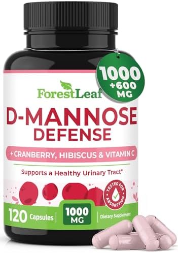 ForestLeaf D Mannose 1000mg Capsules (Капсулы) - D-Mannose with Cranberry, Hibiscus & VIT C, Urinary Tract Health for Women and Men, DMannose Pills for UTI, Urinary Health & Bladder Support 120 Capsules ForestLeaf