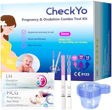 [50 Pack] CheckYo Ovulation and Pregnancy Test Strips Combo: 40 Ovulation Tests&10 Pregnancy Tests,Fertility Tests for Women(40LH+10HCG Test Strips+ 50 Collection Cups) CheckYo