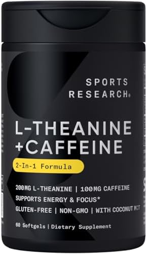 Sports Research L-Theanine Supplement with Caffeine & Coconut MCT Oil - Focused Energy, Alertness & Relaxation Without Drowsiness - 200mg L Theanine, 100mg Organic Caffeine - 60 Liquid Softgels Sports Research