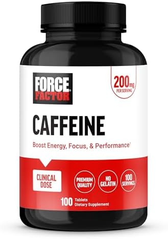 Force Factor Caffeine Pills 200mg, Caffeine Tablets (Таблетки) to Boost Energy, Focus, Strength, and Performance, Premium Quality Caffeine Pills and Energy Supplement, 100 Tablets Force Factor