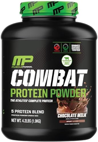 MusclePharm Combat Protein Powder (Порошок), Chocolate Milk Flavor, Fuels Muscles for Productive Workouts, 5 Protein Sources including Whey Protein Isolate & Egg Albumin, Gluten Free, 4 lb, 52 Servings (Порции) Muscle Pharm