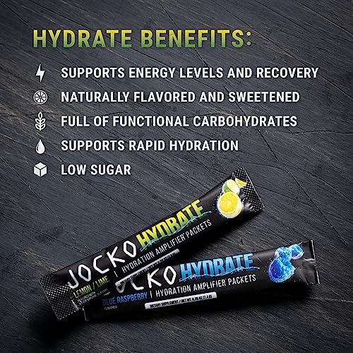 Jocko Fuel Hydrate Electrolytes Powder Packets Low Sugar - Hydration Amplifier Packets for Recovery, Dehydration, & Exercise - with Vitamins B6, B12 & C (16 Packets) Blue Raspberry Jocko Fuel