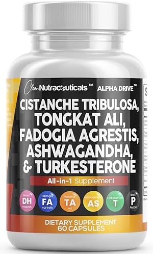 Clean Nutra Cistanche Tribulosa 6000mg Fadogia Agrestis 600mg Tongkat Ali 400mg Turkesterone Pills 2000mg Ashwagandha Extract 3000mg Capsules (Капсулы) Supplement for Men - 60 Count Clean Nutraceuticals