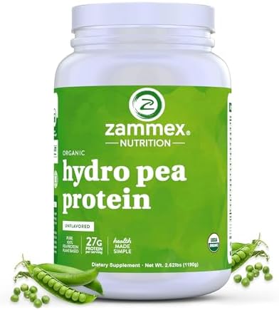 Zammex Organic Pea Protein Powder (Порошок), 27g Proteins Per Serving (Порция),Plant Based 100% Vegan Canada Pea Powder, Gluten Free, Non-GMO,No Additives,Easy to Digest, 2.62lbs, Natural Flavor Zammex