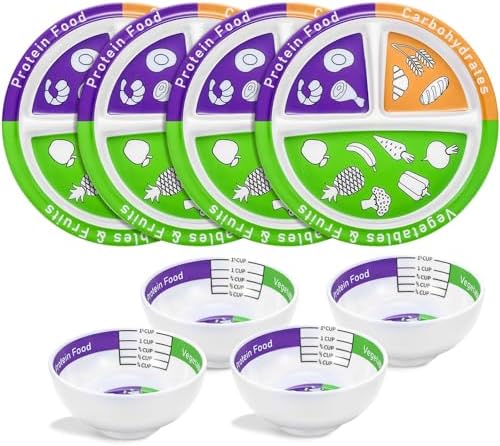 Tioncy 8 Pcs Bariatric Portion Control Set with 4 Bariatric Plates 4 Portion Control Bowls for Adults Diet Balanced Eating Weight Loss Serving (Порция) Plans Tioncy