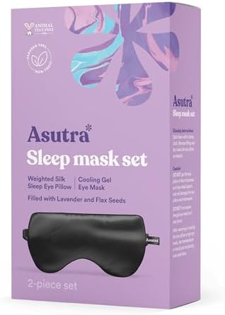 ASUTRA Silk Eye Pillow for Sleep, Black - Filled w/Lavender Buds & Flax Seeds, Weighted Eye Mask, Meditation & Light Blocking Blindfold, Cooling Gel Mask Included Asutra