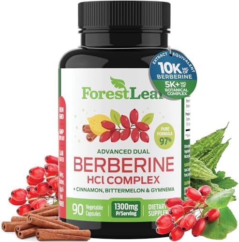 Berberine Supplement 1300mg per Serving (Порция)- 97% Tested Ultra High Potency Berberine HCl with Ceylon Cinnamon, Bitter Melon & Gymnema, 10:1 Extract Berberis Supplements, Weight Management, 90 Veggie Caps (Вегетарианские капсулы) ForestLeaf