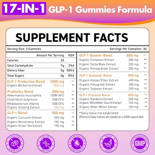 GLP-1 Gummies (Жевательные конфеты) | GLP-1 Supplement, GLP-1 Gummies with Akkermansia Probiotic, Berberine, Fiber Support GLP-1 Naturally, GLP-1 Probiotic Gummies for Women & Men, Zero-Sugar, Yuzu Flavor - 90 Gummies Beyyoly