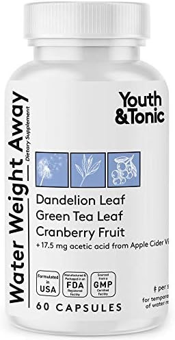 Youth & Tonic Natural Water Weight Away Pills for Belly Bloating Swelling & Water Retention - Herbal Diuretic Supplement for Women & Men - 60 Capsules (Капсулы) with Potassium Caffeine Free Youth & Tonic