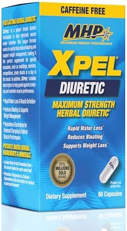 MHP Xpel Maximum Strength Diuretic Water Pills, for Water Retention Relief, Weight Loss Support, Caffeine-Free with Vitamin B-6 Potassium Dandelion Root, 80 Capsules (Капсулы) Maximum Human Performance