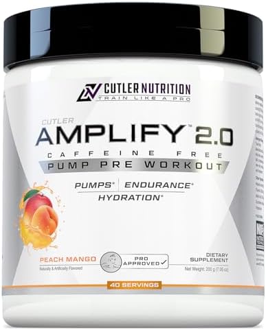 Cutler Nutrition Amplify 2.0 Caffeine Free Pre Workout for Men and Women Stimulant Free Muscle Pump Enhancer with Nitrates (Arginine Nitrate), Coconut Water, and L-Citrulline, Peach Mango Flavor Cutler Nutrition