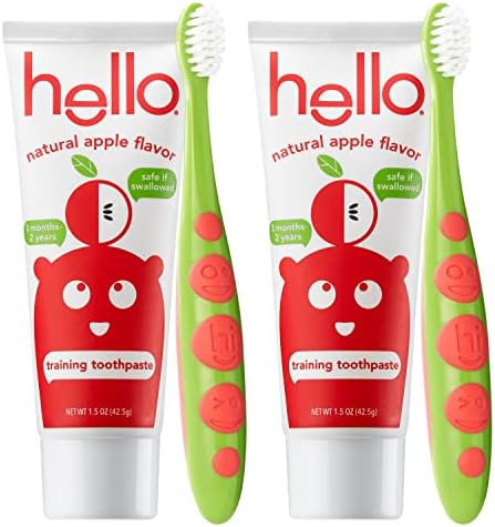 hello Natural Apple Flavored Training Toothpaste and Toddler Bundle, for Kids Age 2 Months to 3 Years, Safe to Swallow for Baby and Infants, Vegan, SLS Free, Gluten Free 4 Piece Set(Pack of 2) Hello