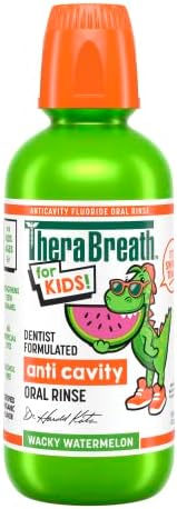 TheraBreath Kids Organic Wacky Watermelon Mouthwash with Fluoride, Anticavity, Dentist Formulated, 16 Fl Oz TheraBreath