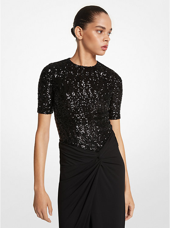 Sequined Stretch Tulle Short-Sleeve Bodysuit MICHAEL KORS COLLECTION