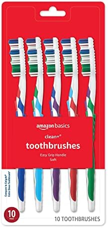 Amazon Basics Clean Plus Toothbrushes, Soft, 10 Count, Assorted Colors (Previously Solimo) Amazon Basics