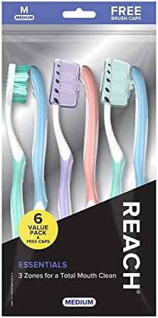 Reach Essentials Toothbrush with Toothbrush Covers, Multi-Angled Medium Bristles, Contoured Handle, Tongue Scraper, 6 Count Reach