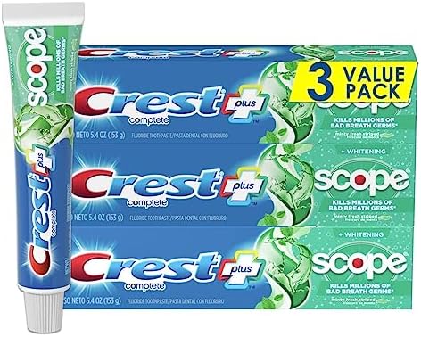 Crest + Scope Whitening Toothpaste - Pack of 3, 5.4 Oz Tubes - Anticavity Fluoride Toothpaste, Fresh Breath, Kills Germs - Tartar Protection, Enamel Protection - Minty Fresh Flavor Crest