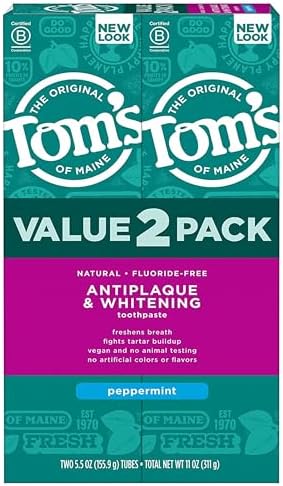 Tom's of Maine Fluoride-Free Antiplaque & Whitening Natural Toothpaste, Peppermint, 5.5 oz. (Pack of 2) Tom's of Maine